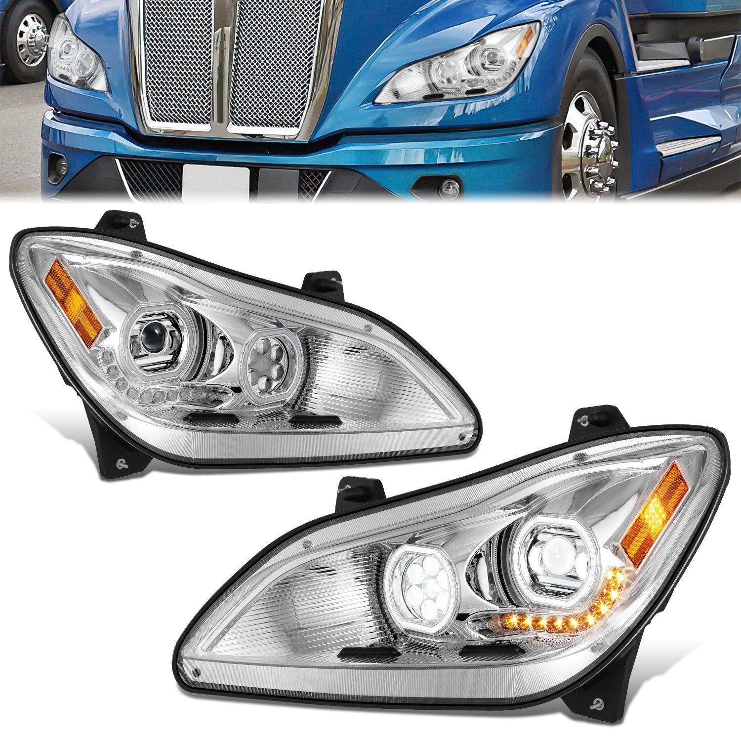 LED DRL Halo Ring Projector Headlighs Chrome <br>22- 25 Kenworth T680 Next Gen