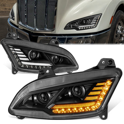 LED DRL Switchback Sequential Projector Headlights <br> 13-20 Peterbilt 579, 11-18 587