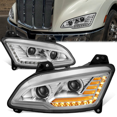 LED DRL Switchback Sequential Projector Headlights <br> 13-20 Peterbilt 579, 11-18 587