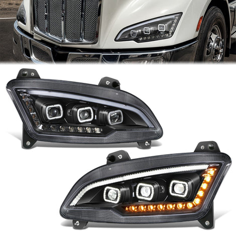 LED DRL Sequential Signal Black Projector Headlight <br>22-25 Peterbilt 579