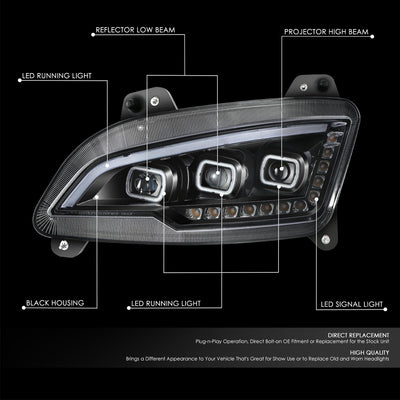 LED DRL Sequential Signal Black Projector Headlight <br>22-25 Peterbilt 579