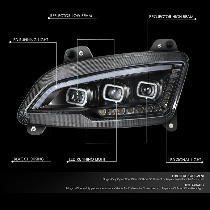 LED DRL Sequential Signal Black Projector Headlight <br>22-25 Peterbilt 579
