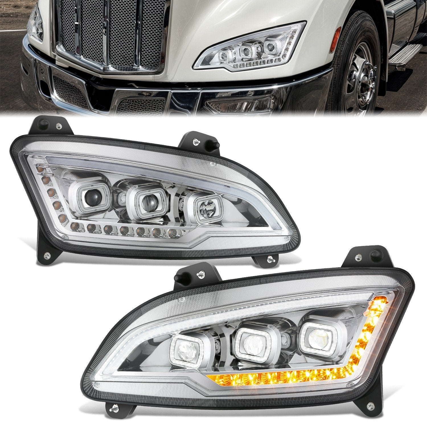Full LED Sequentail Signal Projector Headlights Chrome <br>22-25 Peterbilt 579