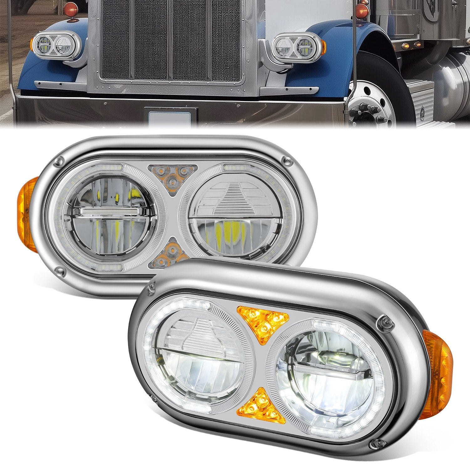 Full LED Sequential Chasing Projector Headlights <br>81-88 Peterbilt 359, 87-07 379, 08-21 389