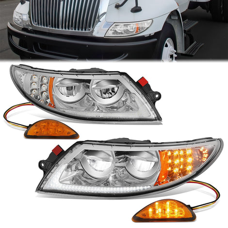 Full LED Chrome Amber Headlights <br>02-15 International 4100, 4200, 4300