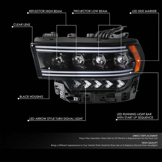 Full LED DRL Sequential Projector Headlights <br>19-24 Ram 2500 3500 4500 5500