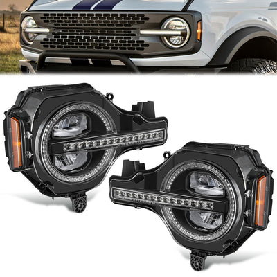 Black Housing Amber/White LED Switch Back Headlights<br>21-26 Ford Bronco