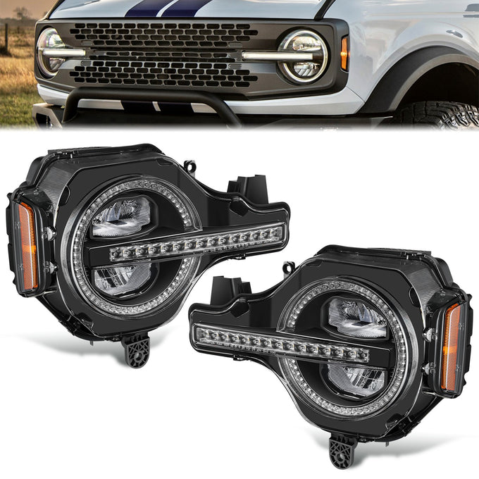 Black Housing Amber/White LED Switch Back Headlights<br>21-26 Ford Bronco