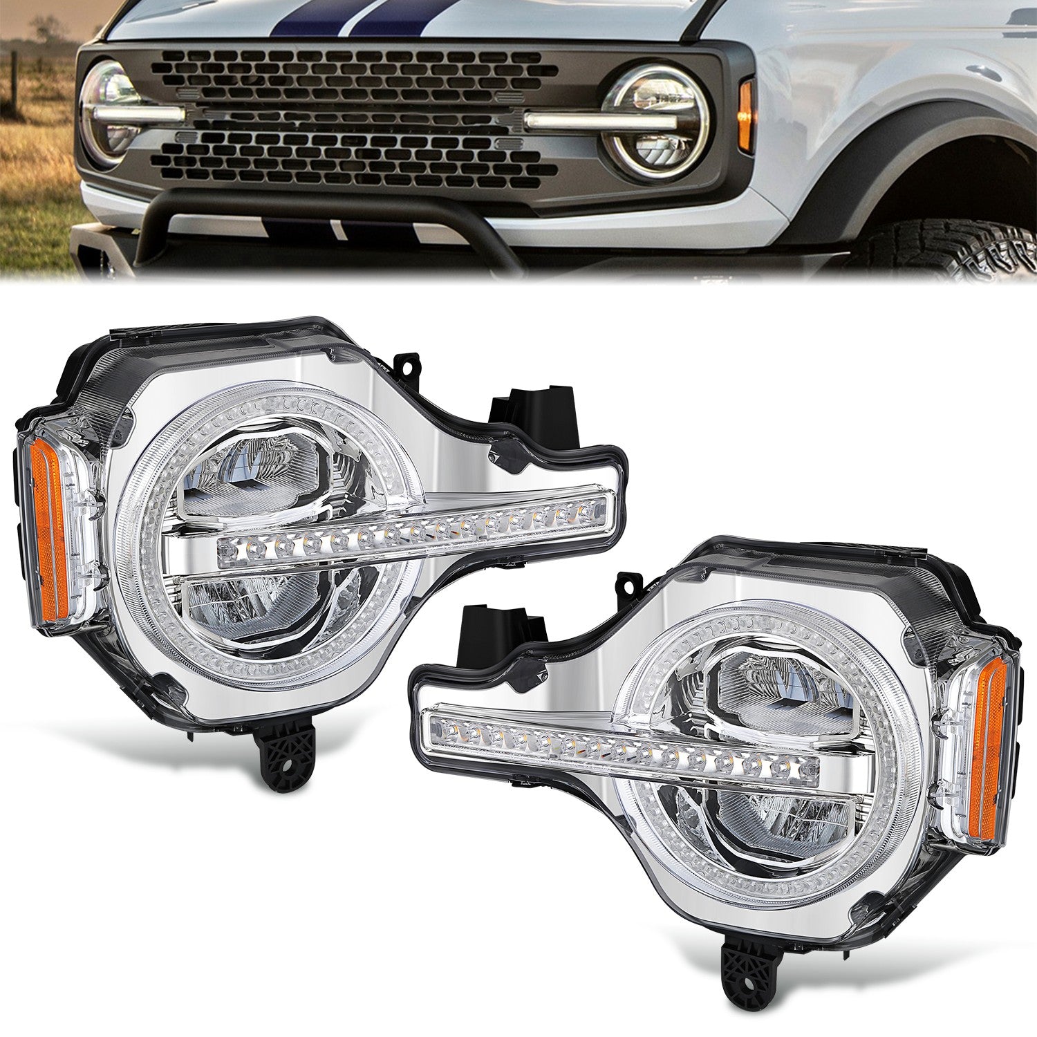 Chrome Housing Amber/White LED Switch Back Headlights<br>21-26 Ford Bronco