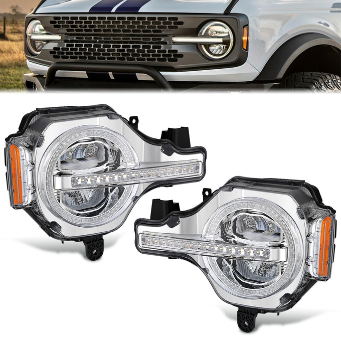 Chrome Housing Amber/White LED Switch Back Headlights<br>21-26 Ford Bronco