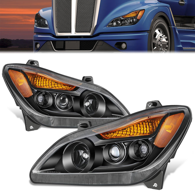 Black Amber Full LED Projector Headlight Lamps <br>22-25 Kenworth T680 Next Gen
