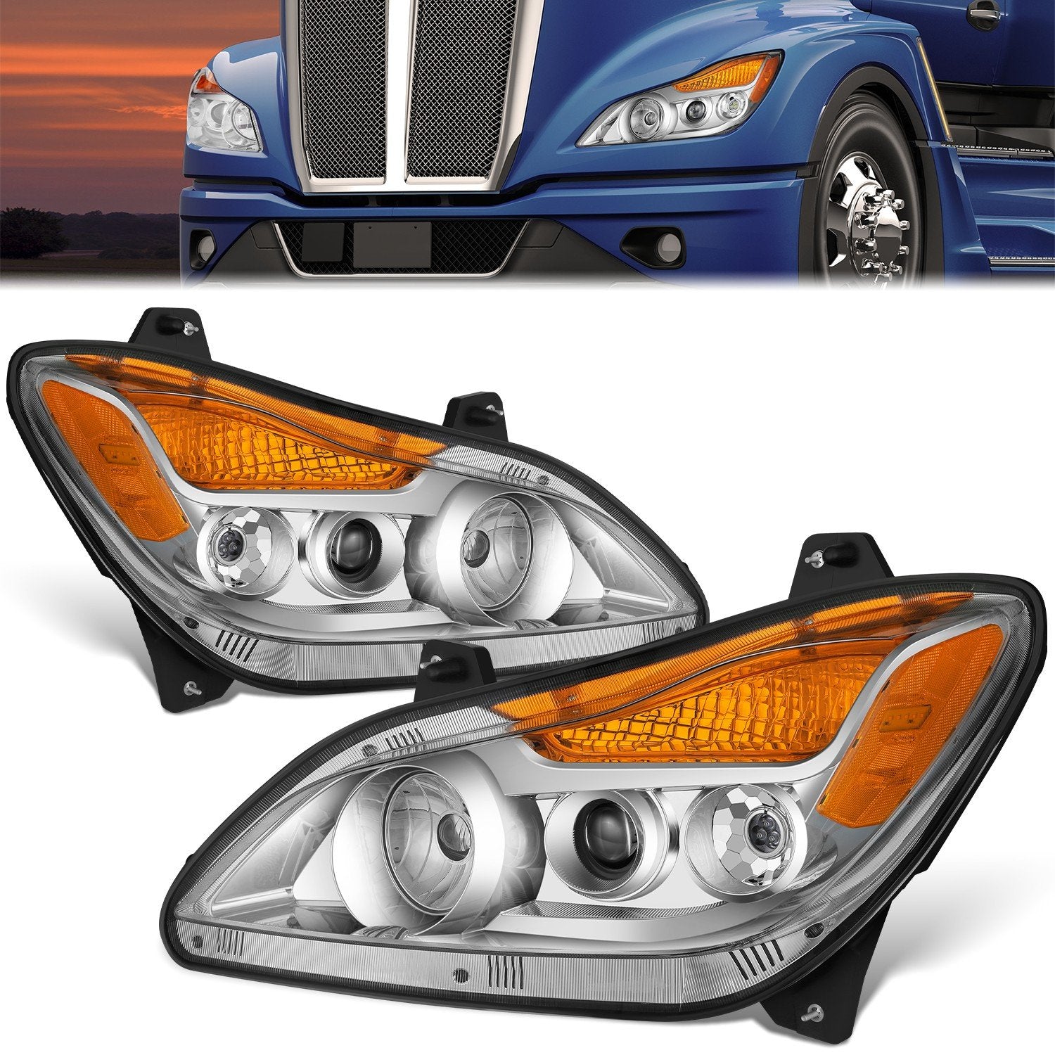 Chrome Amber Full LED Projector Headlight Lamps <br>22-25 Kenworth T680 Next Gen