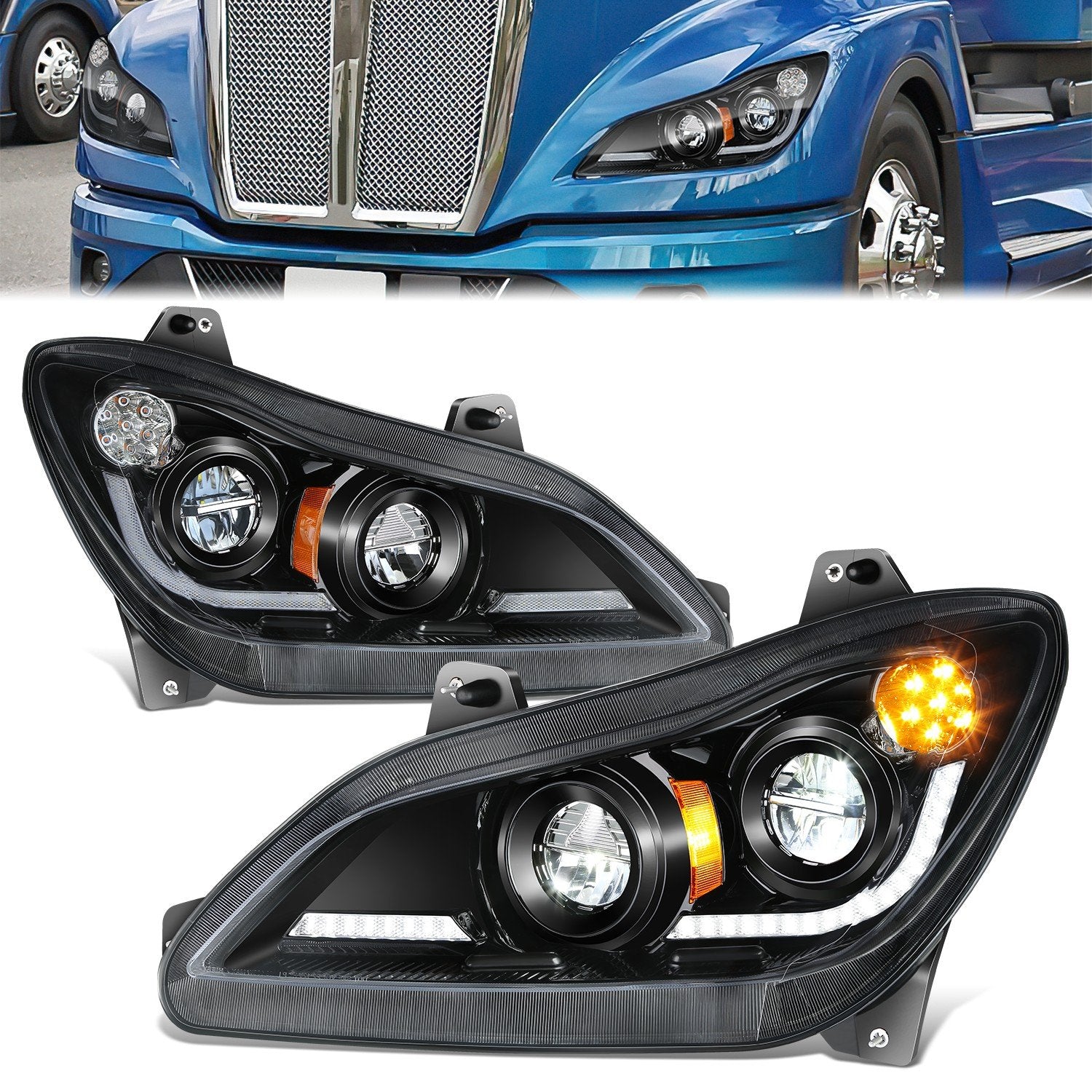 Black Pair L+R LED DRL Turn Signal Headligths <br>22-25 Kenworth T680 Next Gen