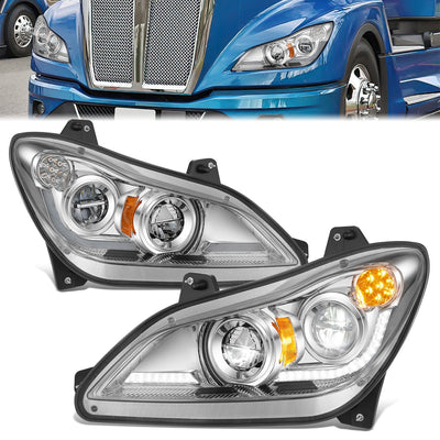 Chrome Pair L+R LED DRL Turn Signal Headligths <br>22-25 Kenworth T680 Next Gen