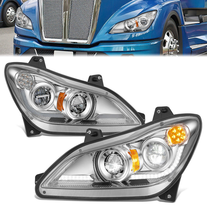 Chrome Pair L+R LED DRL Turn Signal Headligths <br>22-25 Kenworth T680 Next Gen