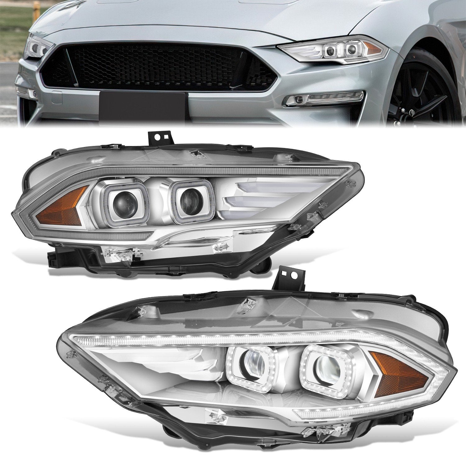 Full White LED Projector Halo Rings Headlights <br>18-23 Ford Mustang
