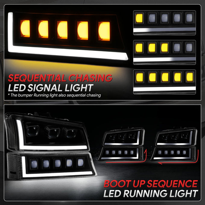Start-Up DRL LED Sequential Projector Headlights <br> 03-07 Chevy Silverado Avalance 1500-3500HD Classic