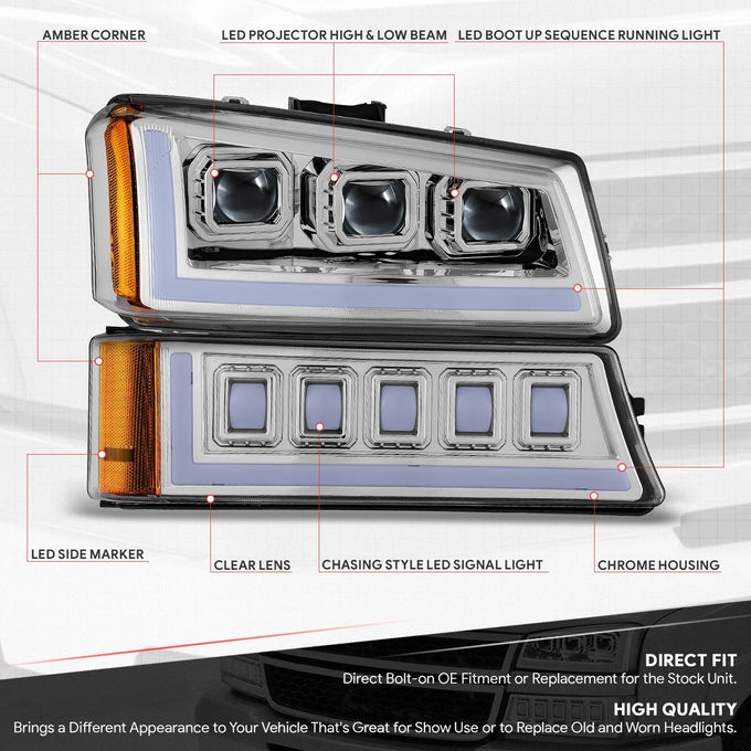 Start-Up DRL LED Sequential Projector Headlights <br> 03-07 Chevy Silverado Avalance 1500-3500HD Classic
