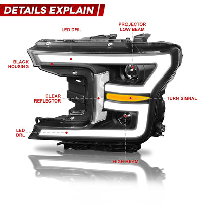 LED DRL Sequential Projector Headlights <br> 18-20 Ford F-150