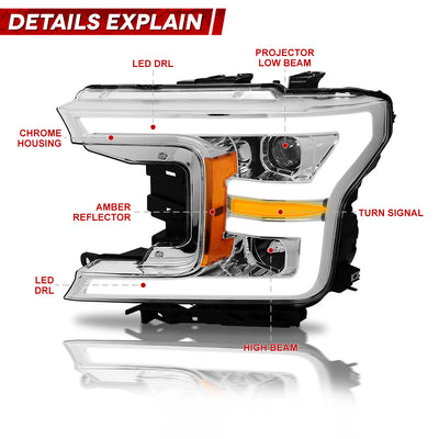 LED DRL Sequential Projector Headlights <br> 18-20 Ford F-150
