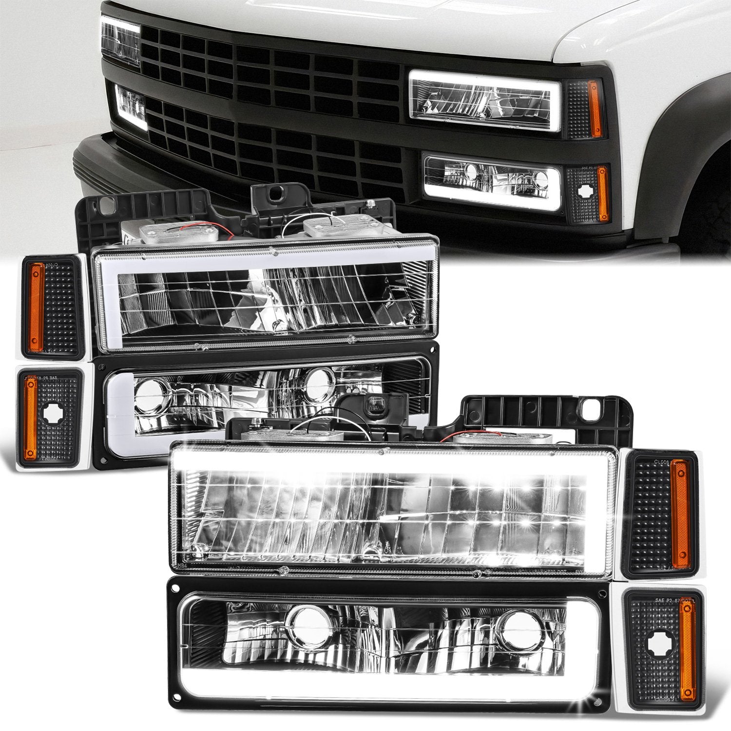 C-LED DRL Headlights+Turn Signal Lights <br>88-93 Chevy C/K 1500-3500 Suburban