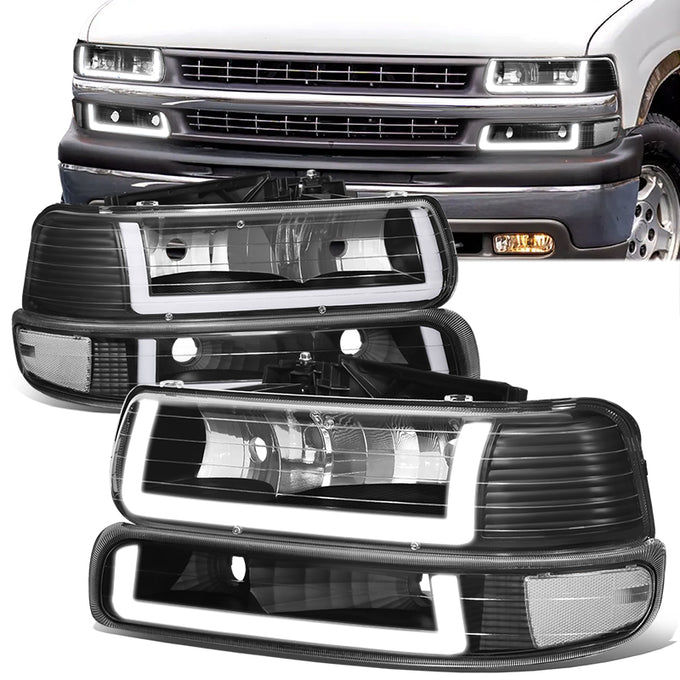 4Pcs U-Style LED DRL Switchback Headlights <br> 99-06 Chevy Silverado Suburban 1500 2500 3500