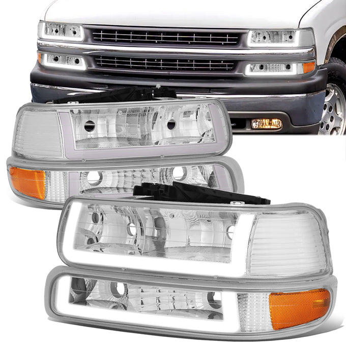 4Pcs U-Style LED DRL Switchback Headlights <br> 99-06 Chevy Silverado Suburban 1500 2500 3500