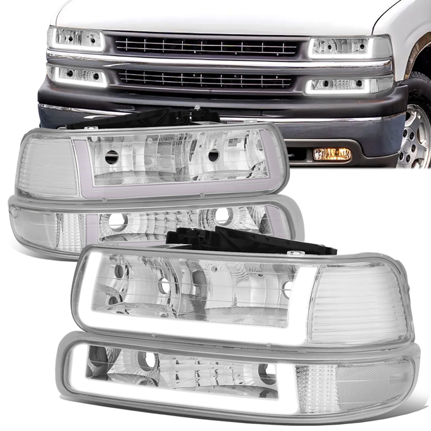 4Pcs U-Style LED DRL Switchback Headlights <br> 99-06 Chevy Silverado Suburban 1500 2500 3500