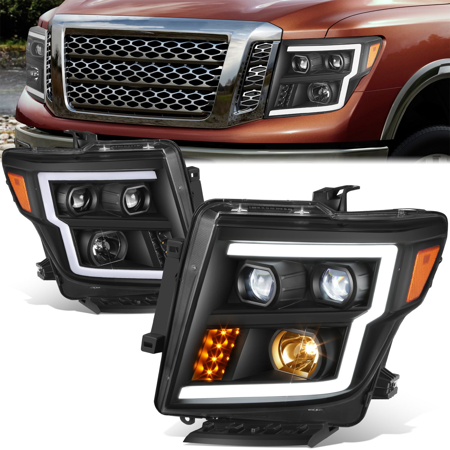 LED DRL Projector Headlights <br> 16-22 Nissan Titan XD