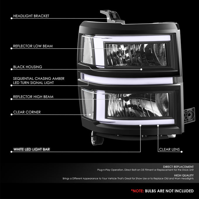 L-Shaped LED DRL Sequential Signals Headlights <br>14-15 Chevy Silverado 1500