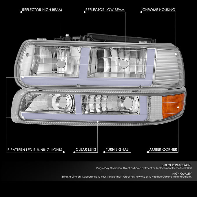 F-Style LED DRL Headlights <BR>99-02 Chevy Silverado 1500 250 HD 3500