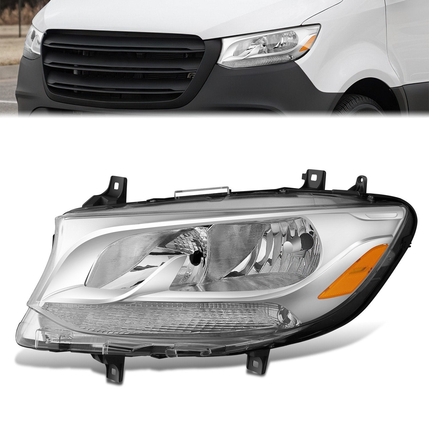 Driver Left Side Chrome Amber Halogen Headlight <br>19-24 Mercedes Sprinter
