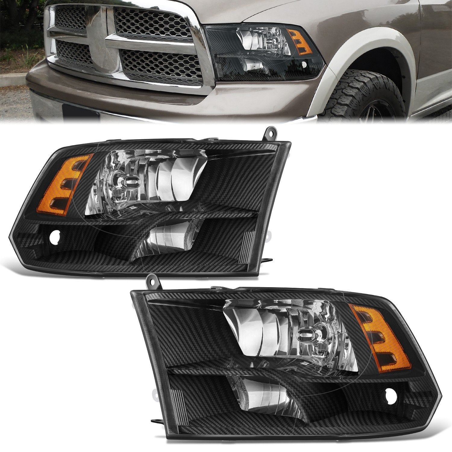 Carbon Fiber Factory Style Headlight Headlamps Black <br>09-12 Dodge Ram 1500 2500 3500