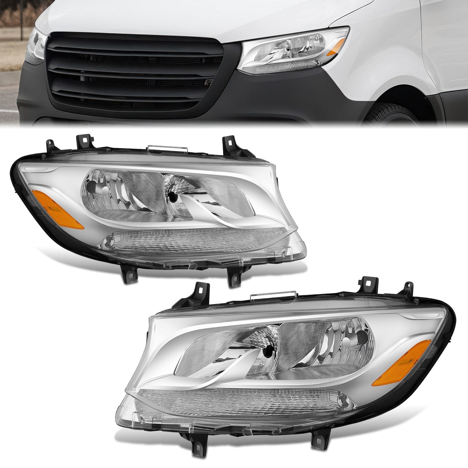 Pair L+R Chrome Amber Halogen Headlight Lamps <br>19-24 Mercedes-Benz Sprinter