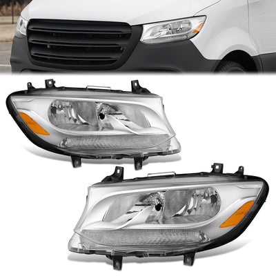 Pair L+R Chrome Amber Halogen Headlight Lamps <br>19-24 Mercedes-Benz Sprinter