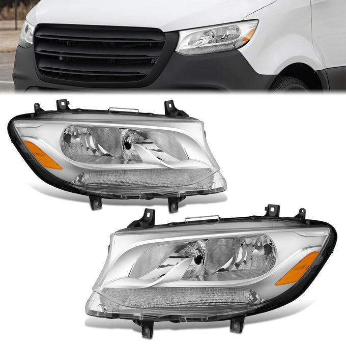 Pair L+R Chrome Amber Halogen Headlight Lamps <br>19-24 Mercedes-Benz Sprinter