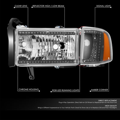 RGB LED DRL Sequential Projector Headlights <br> 94-01 Dodge Ram 1500, 94-02 2500 3500