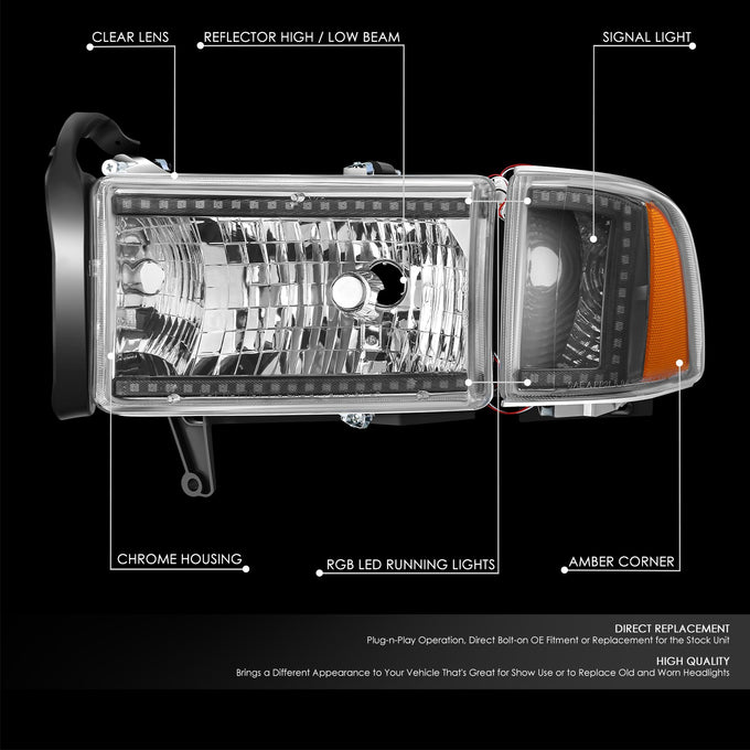 RGB LED DRL Sequential Projector Headlights <br> 94-01 Dodge Ram 1500, 94-02 2500 3500