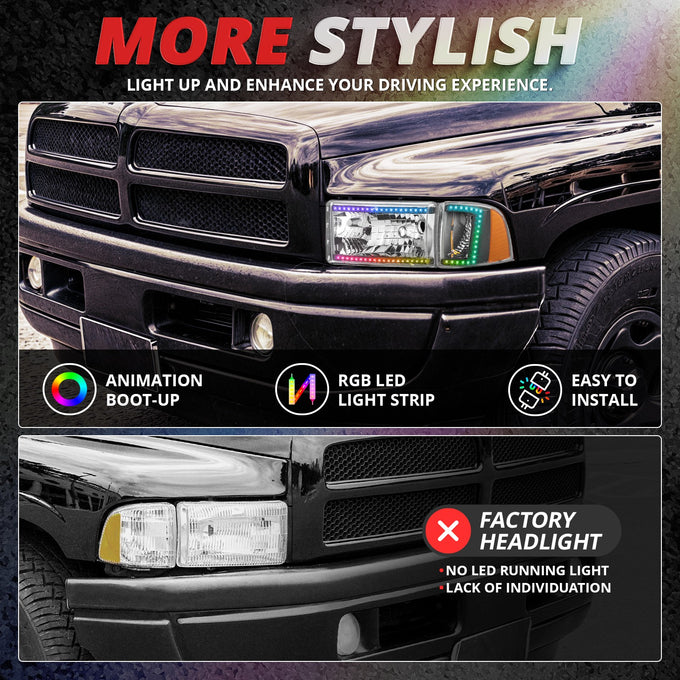 RGB LED DRL Sequential Projector Headlights <br> 94-01 Dodge Ram 1500, 94-02 2500 3500