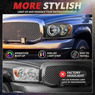 RGB LED DRL Headlights<br>06-08 Dodge Ram 1500 2500 3500