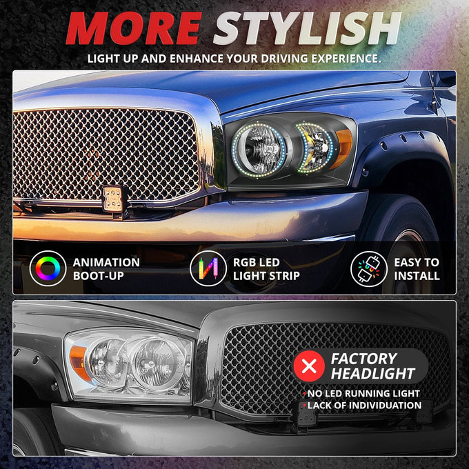RGB LED DRL Headlights<br>06-08 Dodge Ram 1500 2500 3500