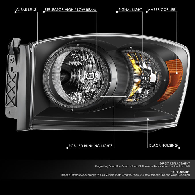 RGB LED DRL Headlights<br>06-08 Dodge Ram 1500 2500 3500