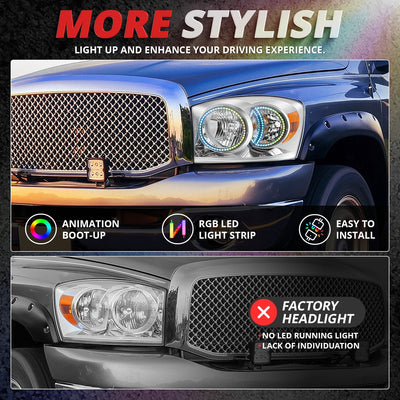 RGB LED DRL Headlights<br>06-08 Dodge Ram 1500 2500 3500