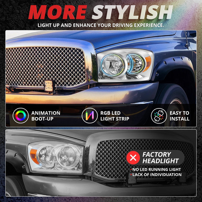 RGB LED DRL Headlights<br>06-08 Dodge Ram 1500 2500 3500