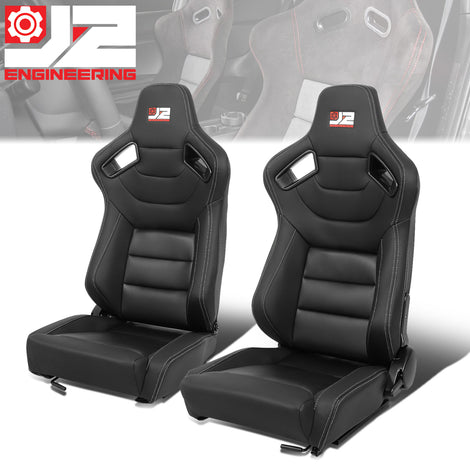 2 Pcs Black Synthetic Leather Racing Bucket Seats w/Mount Brackets & Sliders<br>Universal