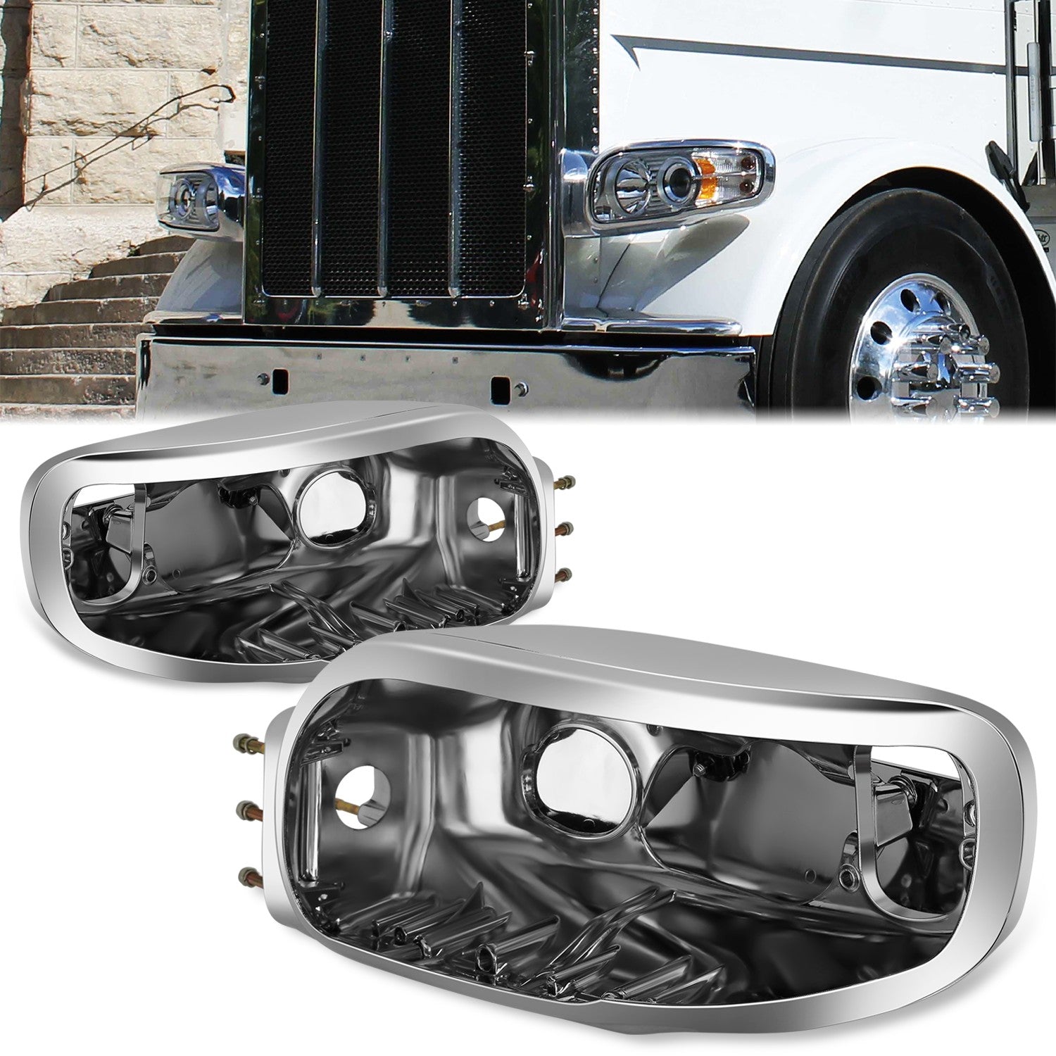 Factory Style Aluminum Headlight Housings<br>14-18 Peterbilt 367, 14-15 567, 06-15 388