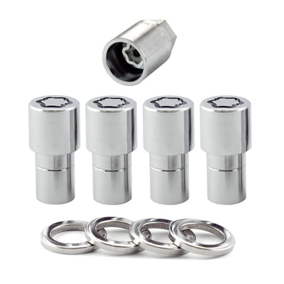 4-pack Long Shank Seat Exposed Wheel Lock Nuts <br> 1/2-20 Thread, 3/4 & 13/16in Dual Hex x 1.75in L