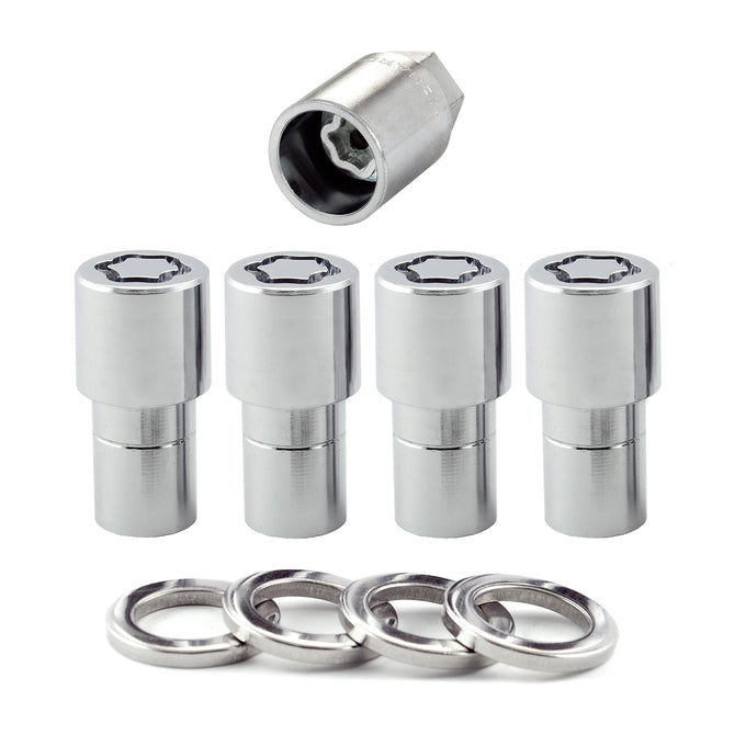 4-pack Long Shank Seat Exposed Wheel Lock Nuts <br> 1/2-20 Thread, 3/4 & 13/16in Dual Hex x 1.75in L