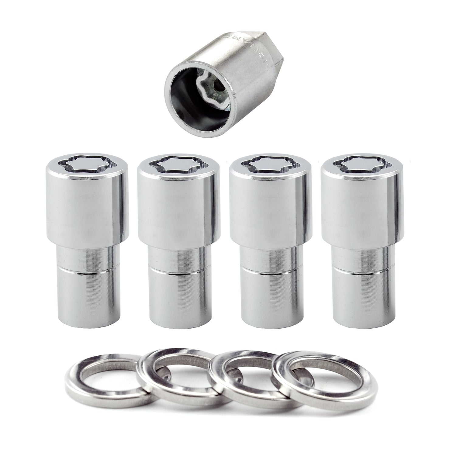 4-pack Long Shank Seat Exposed Wheel Lock Nuts <br> M12 x 1.5 Thread, 19 & 21mm Dual Hex x 1.75in L