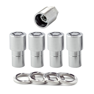 4-pack Long Shank Seat Exposed Wheel Lock Nuts <br> M12 x 1.5 Thread, 19 & 21mm Dual Hex x 1.75in L